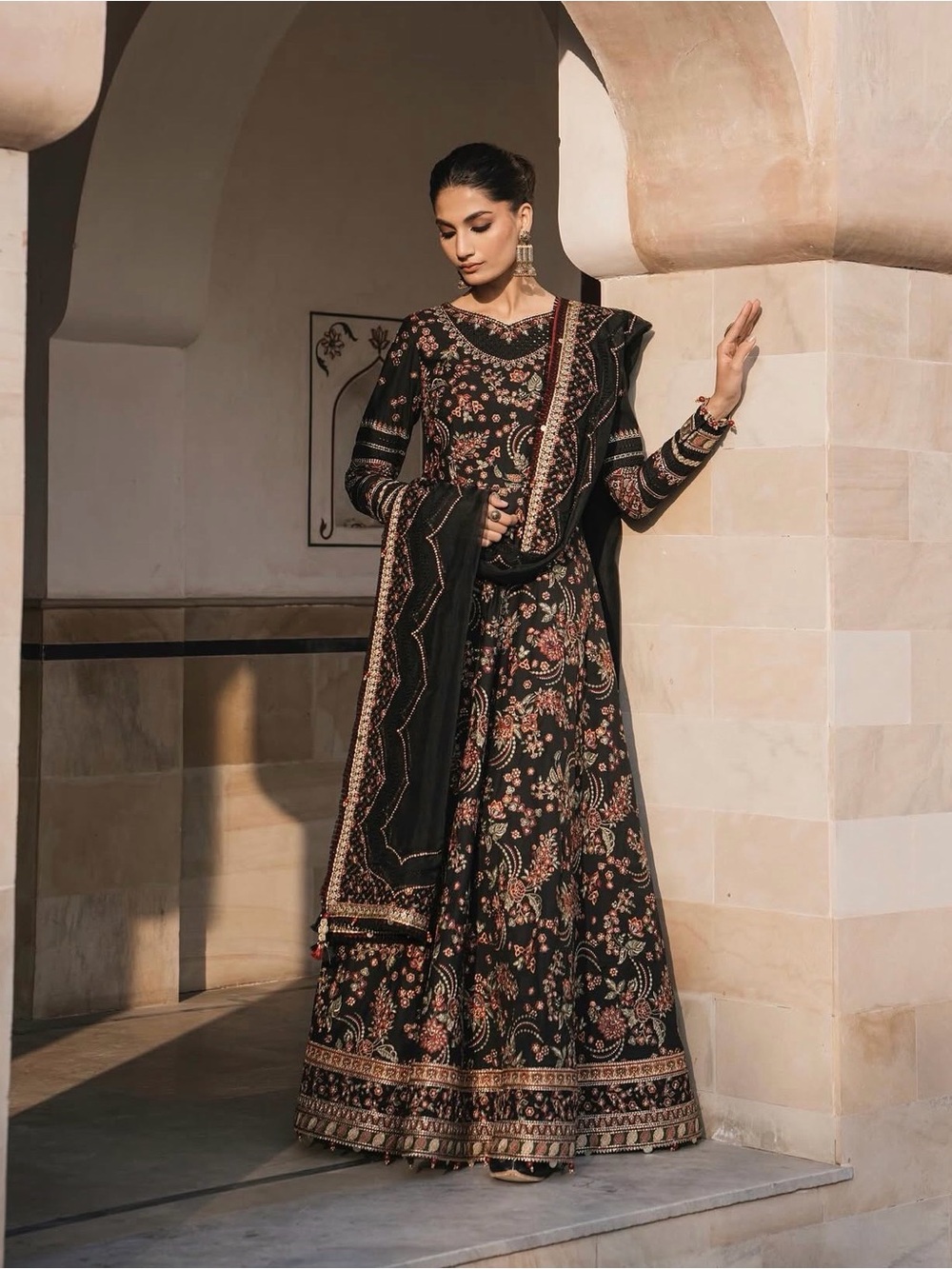 Elegant Black Floral Lawn Maxi Dress with Embroidered Accent